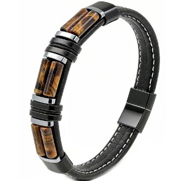 ****COI Titanium Black Silver Tiger Eye/Green Malachite Genuine Leather Bracelet With Steel Clasp(Length: 9.06 inches)-02158A
