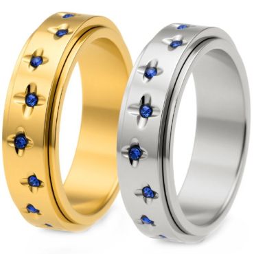 ****COI Titanium Gold Tone/Silver Ring With Created Blue Sapphire-02162A