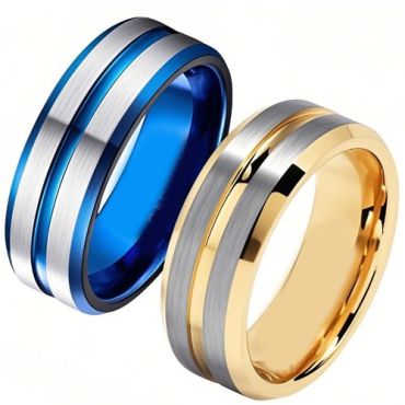 ****COI Titanium Gold Tone/Blue Silver Center Groove Beveled Edges RIng-02165A