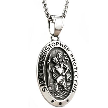 ****COI Titanium Black Silver Saint Christopher Protect Us Pendant-02169A