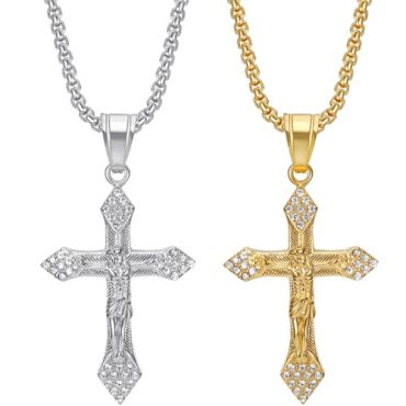 ****COI Titanium Gold Tone/Silver Jesus Cross Pendant With Cubic Zirconia-02174A