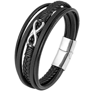 ****COI Titanium Black/Gold Tone/Silver Infinity Genuine Leather Bracelet With Steel Clasp(Length: 8.27 inches)-02182A