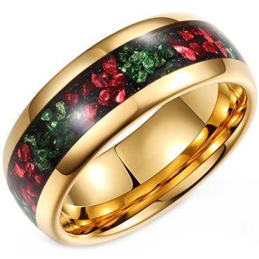 ****COI Gold Tone Tungsten Carbide Meteorite Ring With Created Red Ruby & Green Emerald-02186A