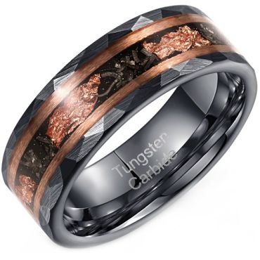 ****COI Tungsten Carbide Black Rose Faceted Ring With Meteorite & Rose Gold Foil-02196A