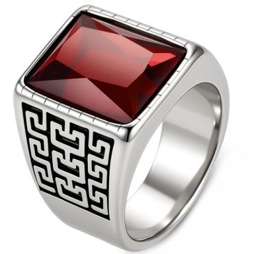 ****COI Titanium Greek Key Pattern Ring With Black Onyx/Created Red Ruby/Green Emerald-02206A
