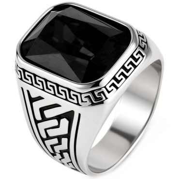 ****COI Titanium Greek Key Pattern Ring With Black Onyx/Created Red Ruby/Green Emerald-02207A