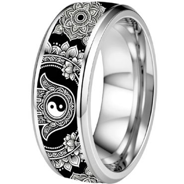 ****COI Titanium Black/Silver Ying Yang Beveled Edges Ring-02219A