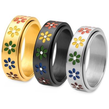 ****COI Titanium Black/Gold Tone/Silver Rainbow Sunflower Ring-02223A
