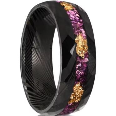 ****COI Black Tungsten Carbide Faceted Damascus Ring With Purple Amethyst & Gold Foil-02236A