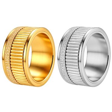 ****COI Titanium Gold Tone/Silver Sandblasted & Grooves Rotating Ring-02247A