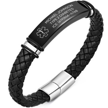 ****COI Titanium Black/Silver Medical Alert Genuine Leather Bracelet With Steel Clasp(Length: 8.27 inches)-02248A
