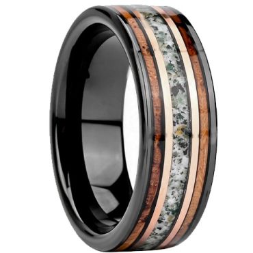 ****COI Tungsten Carbide Black Gold Tone Ring With Deer Antler & Koa Wood-02263A