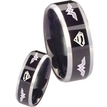 **COI Titanium Black Silver Super Man & Wonder Women Ring-3684