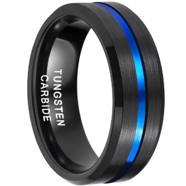 **COI Tungsten Carbide Black Blue Center Groove Beveled Edges Ring-4358