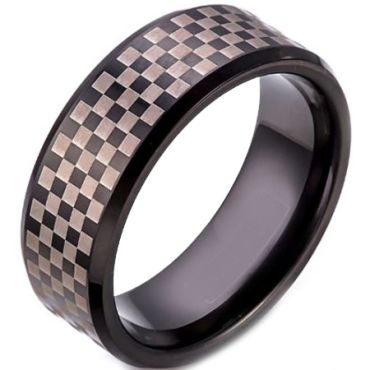 COI Black Tungsten Carbide Checkered Flag Step Edges Ring-TG5257