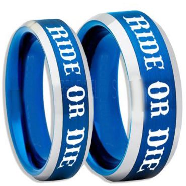*COI Tungsten Carbide Blue Silver Ride or Die Beveled Edges Ring-5408