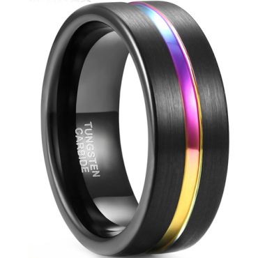 **COI Black Tungsten Carbide Rainbow Color Center Groove Ring-5471