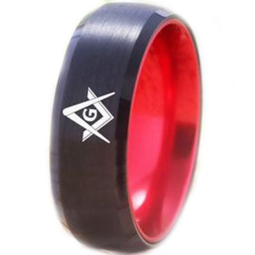 COI Tungsten Carbide Black Red Masonic Beveled Edges Ring-5477