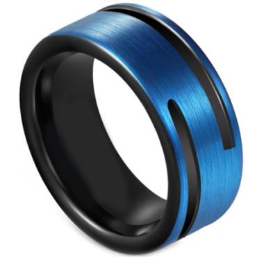 COI Tungsten Carbide Black Blue Double Grooves Pipe Cut Flat Ring-5591