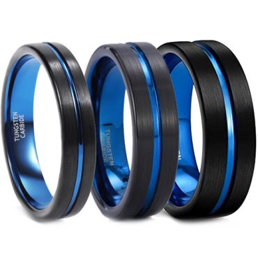**COI Tungsten Carbide Black Blue Center Groove Pipe Cut Flat Ring-5609