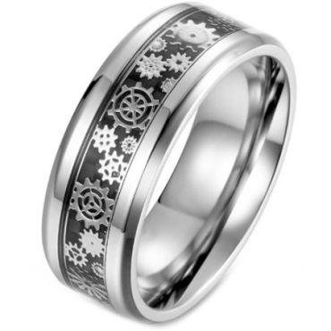**COI Titanium Black/Silver Gears Beveled Edges Ring With Carbon Fiber-5899