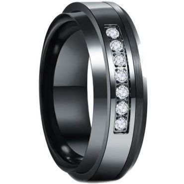 *COI Tungsten Carbide Black Silver Ring With Cubic Zirconia-6009