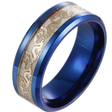 **COI Titanium Black/Blue Luminous Dragon Beveled Edges Ring-6857