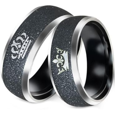 *COI Titanium Black Silver King Queen Crown Sandblasted Beveled Edges Ring-6880