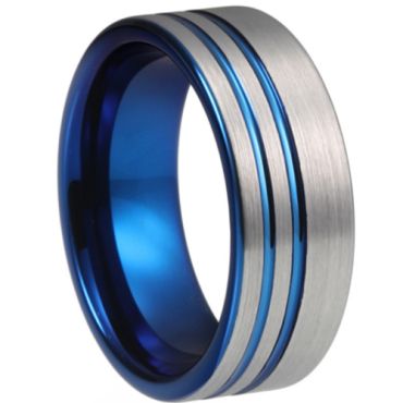 **COI Titanium Blue Silver Double Grooves Pipe Cut Flat Ring-6932