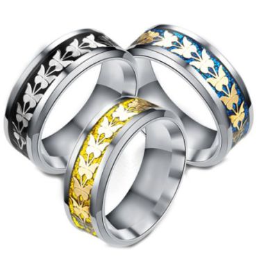 **COI Titanium Black/Gold Tone/Blue Silver Butterfly Beveled Edges Ring-6944