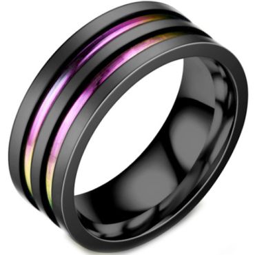 **COI Black Titanium Rainbow Color Double Grooves Ring-6950