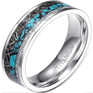 **COI Titanium Turquoise & Meteorite Pipe Cut Flat Ring-6952