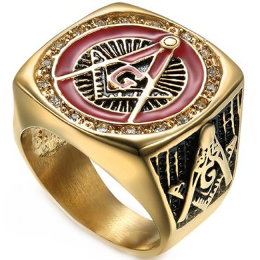 **COI Gold Tone Titanium Black Red Masonic Freemason Ring With Cubic Zirconia-6980