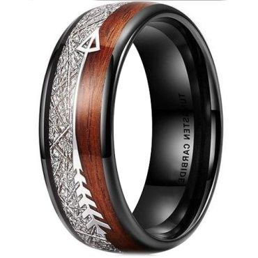 **COI Black Tungsten Carbide Meteorite & Wood Ring With Arrows-6997