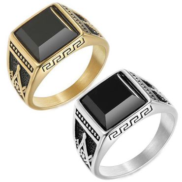 **COI Titanium Gold Tone/Silver Black Masonic Freemason Ring With Black Onyx-7030