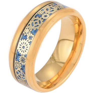 **COI Gold Tone Titanium Gears Beveled Edges Ring With Carbon Fiber-7056