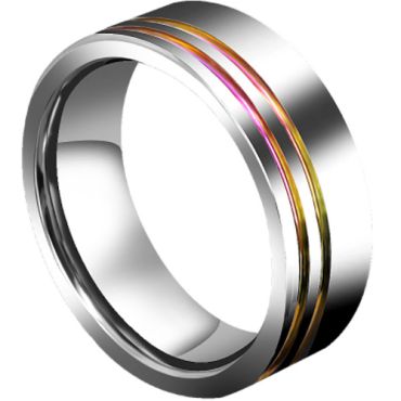**COI Tungsten Carbide Rainbow Color Offset Double Groove Pipe Cut Flat Ring-7058