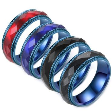 **COI Blue Titanium Step Edges Red/Black/Blue Facets Ring-7076