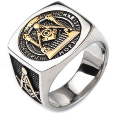 **COI Titanium Gold Tone Silver Masonic Freemason Ring-7082AA