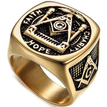 **COI Titanium Gold Tone Black Masonic Freemason Ring-7139
