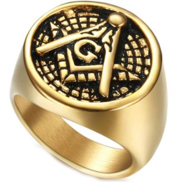 **COI Titanium Black Gold Tone Masonic Freemason Ring-7141