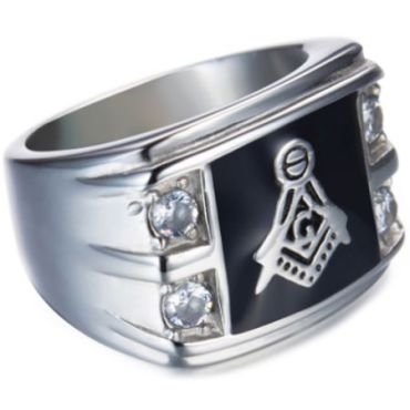 **COI Titanium Black/Gold Tone Silver Masonic Freemason Ring With Cubic Zirconia-7152