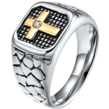 **COI Titanium Gold Tone Silver/Black Cross Ring With Cubic Zirconia-7268