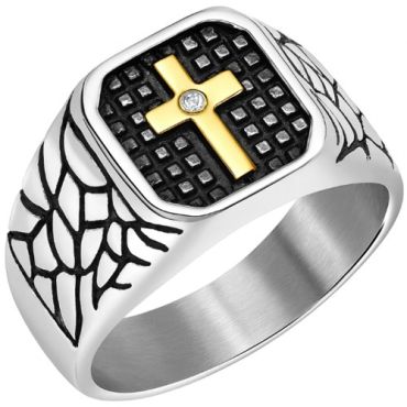 **COI Titanium Gold Tone Silver/Black Cross Ring With Cubic Zirconia-7268