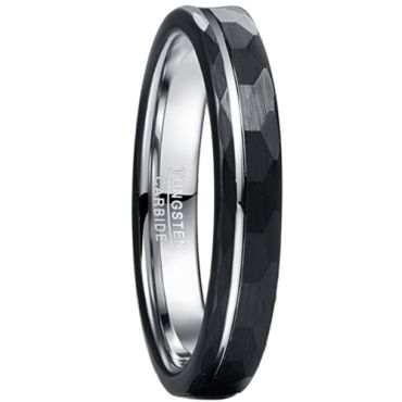 **COI Tungsten Carbide Black Silver Offset Groove Hammered Ring-7283