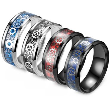 **COI Titanium Black/Silver Gears Ring With Carbon Fiber-7337