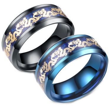 **COI Titanium Black/Blue Gold Tone Dragon Beveled Edges Ring-7367