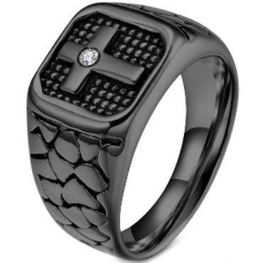 **COI Titanium Black/Silver Cross Ring With Cubic Zirconia-7393