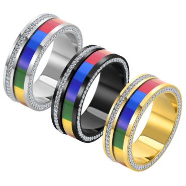 **COI Titanium Black/Gold Tone/Silver Rainbow Color Ring With Cubic Zirconia-7396