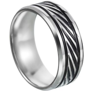 **COI Titanium Black Silver Grooves Beveled Edges Ring-7408